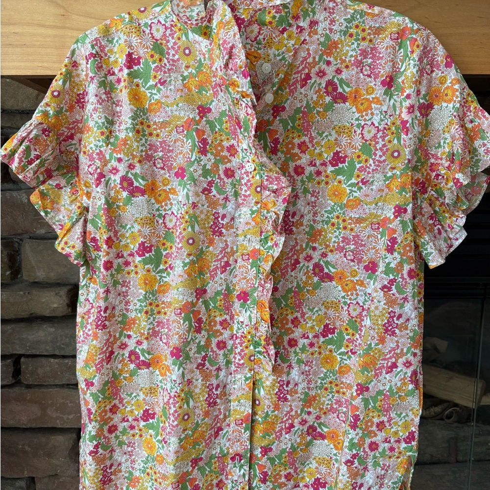 J Crew Liberty Bright Floral Button-Up Shirt in Pink, Yellow & Green Ruffle Sz 2